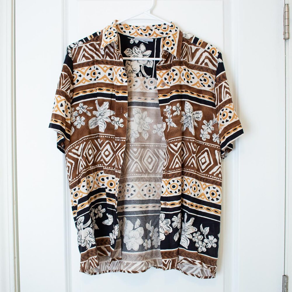 VTG Tribal Floral Shirt Vacation Dadcore Brown Tan Button Up XL | Soft Autumn